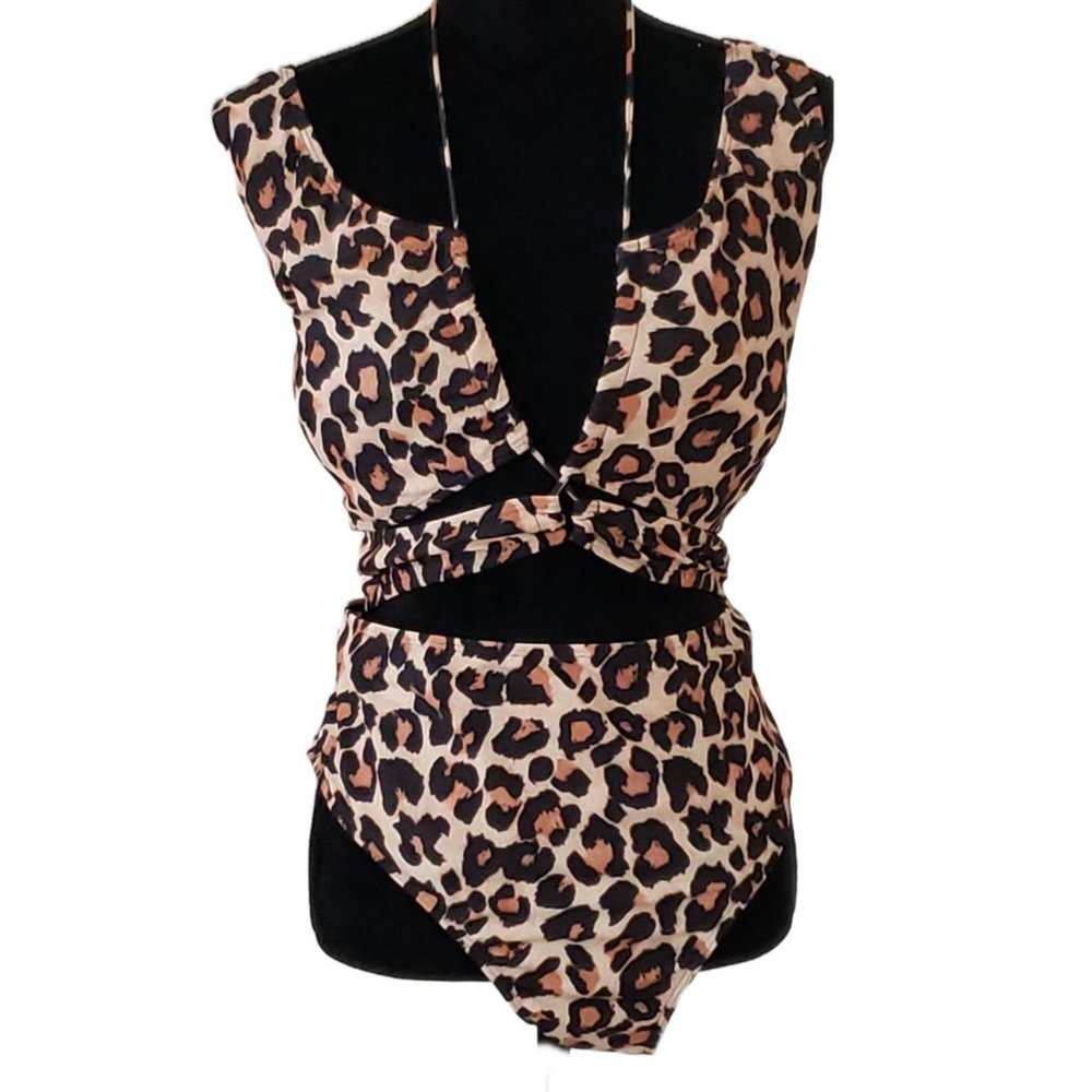 Womens Leopard Print Cut Out Swimsuit One Piece Cheeky Scoop Back Brown Size 3XL
